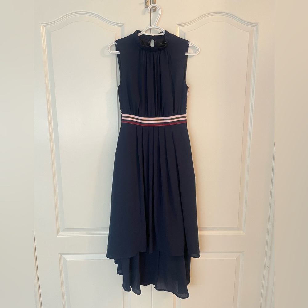 Ted Baker Navy High Low Dress with Pink Accents